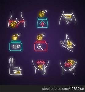 Waxing neon light icons set. Bikini, leg, upper lip, chin hair removal. Cold, hot wax in jar with spatula. Depilation equipment. Professional cosmetics. Glowing signs. Vector isolated illustrations