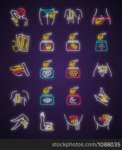 Waxing neon light icons set. Female, male hair removal procedure. Cold, hot wax in jar with spatula. Depilation equipment. Professional cosmetics. Glowing signs. Vector isolated illustrations
