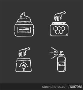 Waxing products chalk icons set. Hot, soft, honey wax in jar. Hair removal equipment. Body spray for depilation. Professional beauty treatment cosmetics. Isolated vector chalkboard illustrations