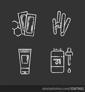 Waxing products chalk icons set. Hot, soft, honey wax in jar. Hair removal equipment. Body spray for depilation. Professional beauty treatment cosmetics. Isolated vector chalkboard illustrations