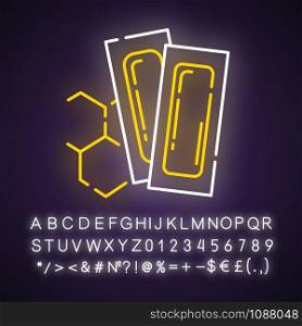 Waxing strips neon light icon. Natural, soft, honey wax. Body hair removal equipment. Tools for depilation. Glowing sign with alphabet, numbers and symbols. Vector isolated illustration