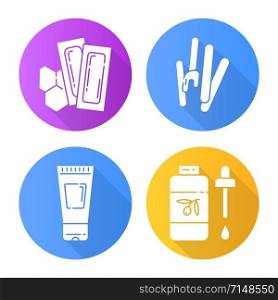 Waxing tools flat design long shadow glyph icons set. Wax strips with spatula. Hair removal. Body lotion, oil for depilation. Professional beauty treatment cosmetics. Vector silhouette illustration