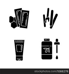 Waxing tools glyph icons set. Hot, soft wax strips with spatula. Hair removal equipment. Body lotion, oil for depilation. Beauty treatment cosmetics. Silhouette symbols. Vector isolated illustration