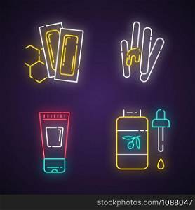 Waxing tools neon light icons set. Hot, soft wax strips with spatula. Hair removal equipment. Body lotion, oil for depilation. Beauty treatment. Glowing signs. Vector isolated illustrations