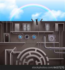 Way Out Concept. Way out concept with silhouette of happy man on blue sky with rainbow background cartoon vector illustration