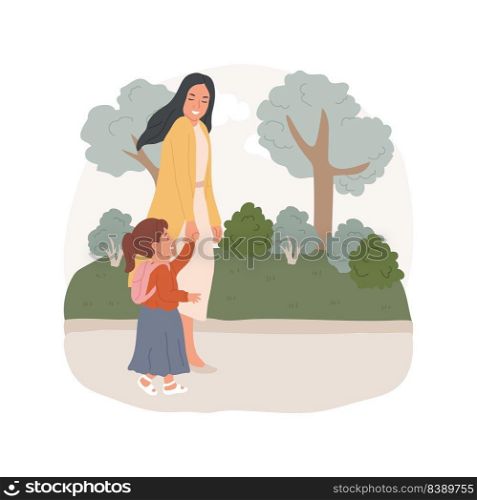 Way to kindergarten isolated cartoon vector illustration. Mother with toddler holding hands, kid wearing small backpack, way to daycare, early education, walking on a sidewalk vector cartoon.. Way to kindergarten isolated cartoon vector illustration.