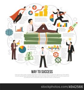 Way To Success Flat Infographic Poster . Profitable business success key factors flat infographic composition poster with text diagrams businessman and money symbols vector illustration