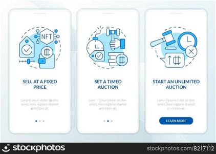 Ways of selling NFTs blue onboarding mobile app screen. Business walkthrough 3 steps editable graphic instructions with linear concepts. UI, UX, GUI template. Myriad Pro-Bold, Regular fonts used. Ways of selling NFTs blue onboarding mobile app screen