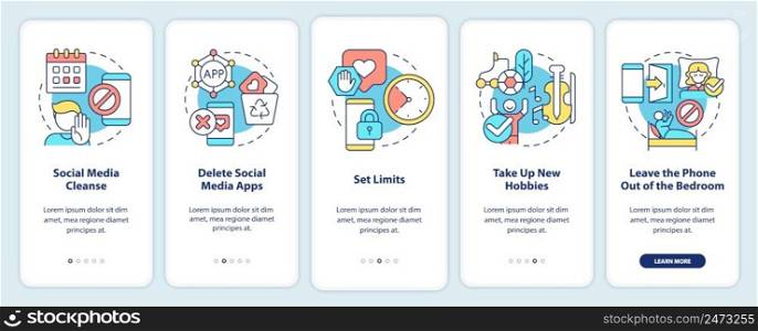 Ways to break social media addiction onboarding mobile app screen. Detox walkthrough 5 steps graphic instructions pages with linear concepts. UI, UX, GUI template. Myriad Pro-Bold, Regular fonts used. Ways to break social media addiction onboarding mobile app screen