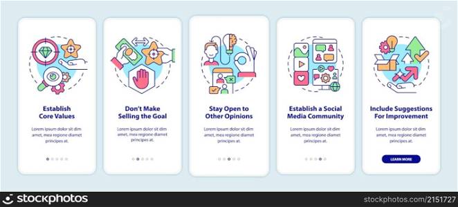 Ways to establish transparency onboarding mobile app screen. Business walkthrough 5 steps graphic instructions pages with linear concepts. UI, UX, GUI template. Myriad Pro-Bold, Regular fonts used. Ways to establish transparency onboarding mobile app screen