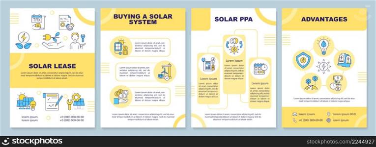Ways to get solar energy yellow brochure template. Sustainable power. Leaflet design with linear icons. 4 vector layouts for presentation, annual reports. Arial-Black, Myriad Pro-Regular fonts used. Ways to get solar energy yellow brochure template