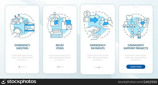 Ways to help refugees blue onboarding mobile app screen. Emergency walkthrough 4 steps graphic instructions pages with linear concepts. UI, UX, GUI template. Myriad Pro-Bold, Regular fonts used. Ways to help refugees blue onboarding mobile app screen