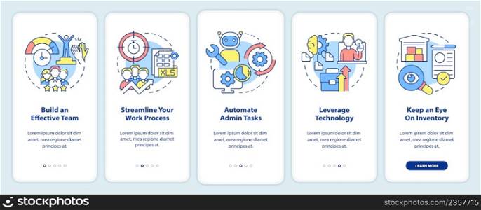 Ways to increase business efficiency onboarding mobile app screen. Walkthrough 5 steps graphic instructions pages with linear concepts. UI, UX, GUI template. Myriad Pro-Bold, Regular fonts used. Ways to increase business efficiency onboarding mobile app screen