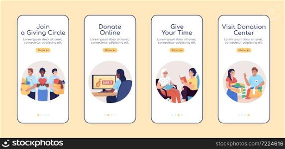 Ways to make donations onboarding mobile app screen flat vector template. Walkthrough website 4 steps with characters. Creative UX, UI, GUI smartphone cartoon interface, case prints set. Ways to make donations onboarding mobile app screen flat vector template
