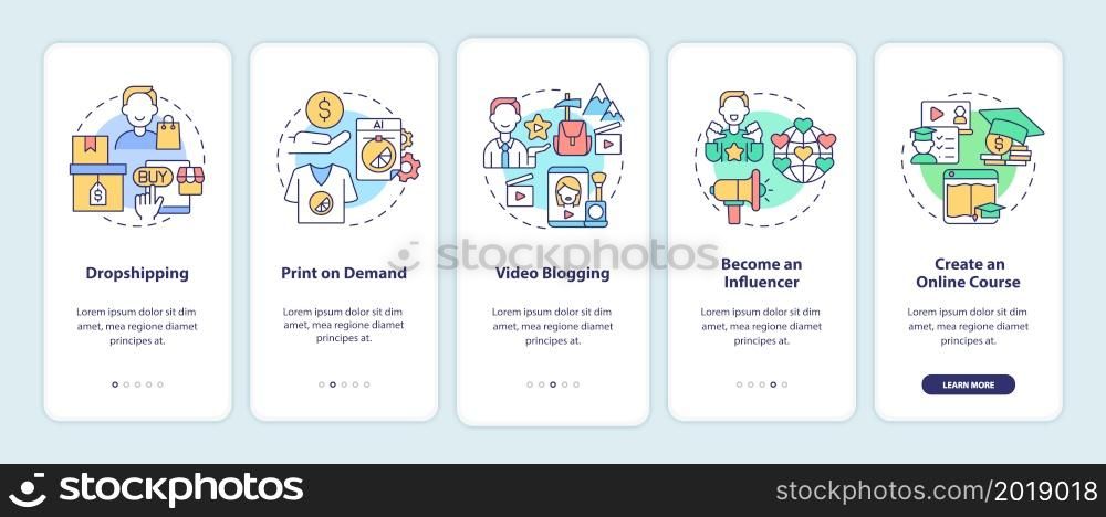 Ways to make money online onboarding mobile app page screen. Print on demand walkthrough 5 steps graphic instructions with concepts. UI, UX, GUI vector template with linear color illustrations. Ways to make money online onboarding mobile app page screen