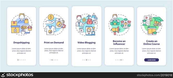 Ways to make money online onboarding mobile app page screen. Print on demand walkthrough 5 steps graphic instructions with concepts. UI, UX, GUI vector template with linear color illustrations. Ways to make money online onboarding mobile app page screen