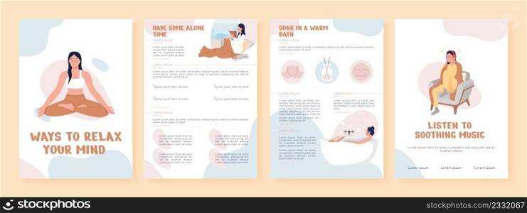 Ways to relax your mind flat vector brochure template. Booklet, leaflet printable flat color designs. Simple magazine page, reports kit with text space. Nerko One, Quicksand, Comfortaa fonts used. Ways to relax your mind flat vector brochure template