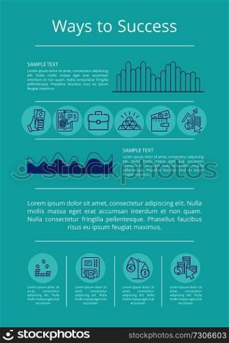 Ways to success visualization with information represented by graphs and charts. Vector illustration of success strategy on light blue background. Ways to Success Visualization Vector Illustration