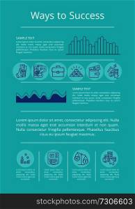 Ways to success visualization with information represented by graphs and charts. Vector illustration of success strategy on light blue background. Ways to Success Visualization Vector Illustration