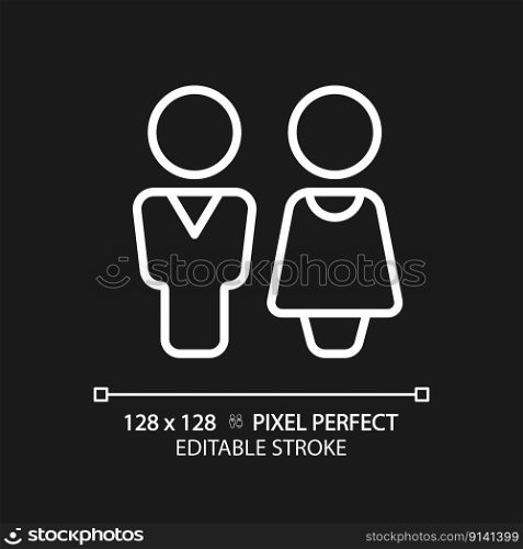 WC door sign pixel perfect white linear icon for dark theme. Restroom entrance in public center. Unisex toiler mark. Thin line illustration. Isolated symbol for night mode. Editable stroke. WC door sign pixel perfect white linear icon for dark theme