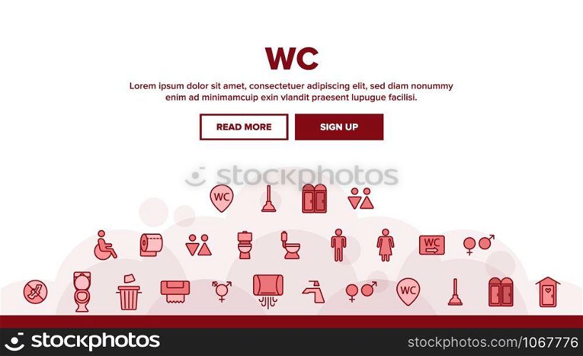 WC, Public Bathroom, Toilet Landing Web Page Header Banner Template Vector. Using General, Lavatory, Restroom Contour Design. Personal Hygiene Items. Male And Female, Disabled WC, Toilet Illustration. WC, Public Bathroom, Toilet Landing Header Vector