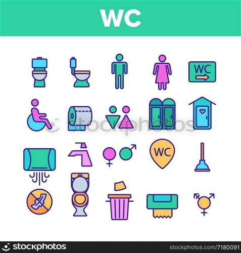 WC, Public Bathroom, Toilet Vector Linear Icons Set. Using General, Lavatory, Restroom Contour Design. Personal Hygiene Items. Male And Female, Disabled WC, Toilet Thin Line Illustration Pack. WC, Public Bathroom, Toilet Vector Linear Icons Set