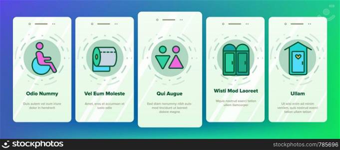 WC, Public Bathroom, Toilet Vector Onboarding Mobile App Page Screen. Using General, Lavatory, Restroom Design. Personal Hygiene Items. Male And Female, Disabled WC, Toilet Illustration. WC, Public Bathroom, Toilet Vector Onboarding