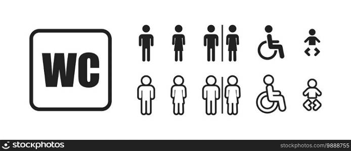 WC restroom toilet icon, man, woman, unisex, baby and wheelchair disabled human restroom isolated symbol collection.