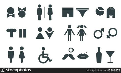 Wc symbols for man and woman, disabled person toilet icon. Male and female pictogram bathroom sign design with lips and mustaches vector set. Alcohol drink bottle and glass, underwear elements. Wc symbols for man and woman, disabled person toilet icon. Male and female pictogram bathroom sign design with lips and mustaches vector set