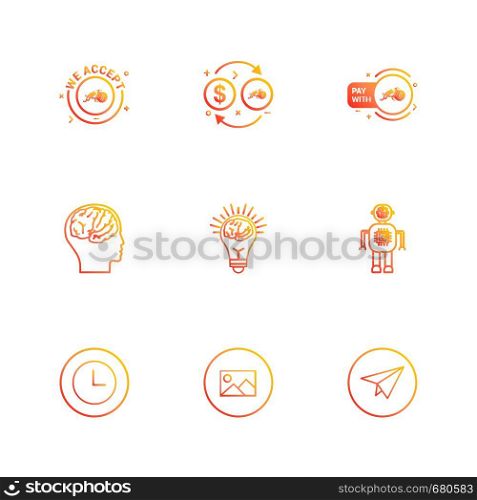 We accept , crypto currency , bot , idea, brain , paper plain , clock , image , icon, vector, design, flat, collection, style, creative, icons