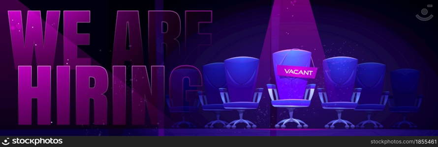 We are hiring banner with empty chair lit by lamp. Vector poster of job vacancy, hire staff with cartoon illustration of vacant seat. Concept of search and recruiting employees. We are hiring, job vacancy banner