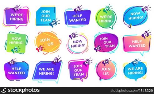 We are hiring banners. Join our team, help wanted inscription set with megaphone. Vacant job position with loudspeaker. Human resources offer for recruitment, work opportunity vector illustration. We are hiring banners. Join our team, help wanted inscription set with megaphone. Vacant job position