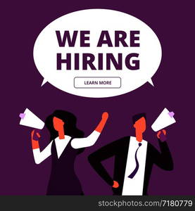 We are hiring concept. Business recruitment vector background. Man and woman with megaphone shouting for interview illustration. We are hiring concept. Business recruitment vector . Man and woman with megaphone