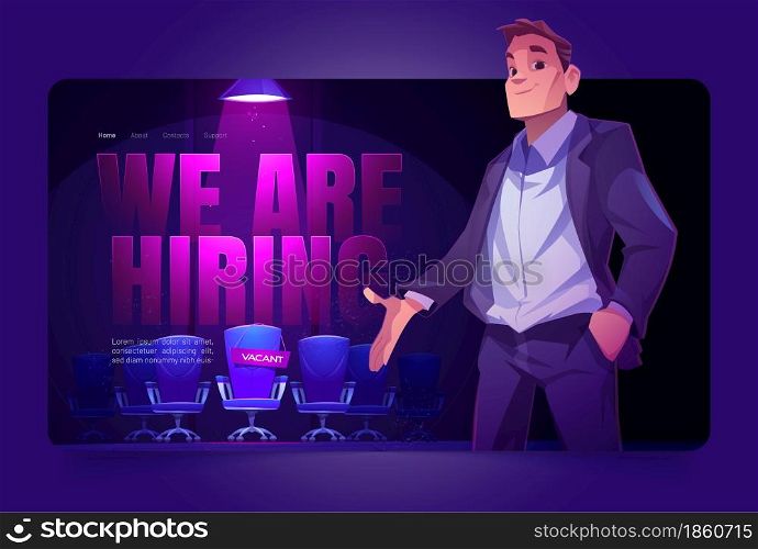 We are hiring landing page, employer offer vacant place illuminated with spotlight. Hire job announcement, candidates head hunting. Human resources research, recruiting Cartoon vector web banner. We are hiring cartoon landing page, vacant place