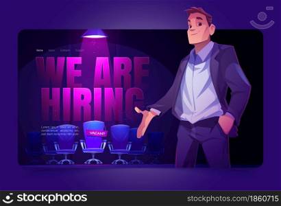 We are hiring landing page, employer offer vacant place illuminated with spotlight. Hire job announcement, candidates head hunting. Human resources research, recruiting Cartoon vector web banner. We are hiring cartoon landing page, vacant place