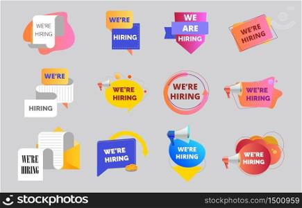 We are hiring tags and job recruitment character, set of colorful bubble is isolated on grey background, it can be used for landing page, template, mobile app, poster, banner, flyer.. We are hiring tags and job recruitment character, set of colorful bubble is isolated on grey background