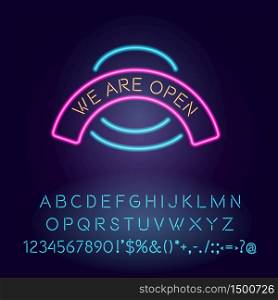 We are open vector neon light board sign illustration. Night store commercial signboard design with alphabet, numbers and symbols. Opening time announcement banner with outer glowing effect. We are open vector neon light board sign illustration