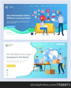We deliver your cargo anywhere in world, delivery and selling business, people working from home and cooperating with different countries. Website or webpage template, landing page flat style. Sell Worldwide without Leaving Home Website Set