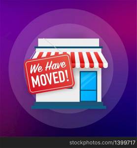 We have moved. Moving office sign. Clipart image isolated on blue background. Vector illustration. We have moved. Moving office sign. Clipart image isolated on blue background. Vector illustration.