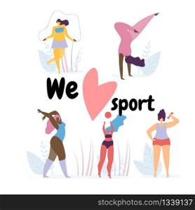 We Love Sport Banner with Curvy Flexible Sporty Plus Size Young Girls Doing Sport Exercises Around of Big Pink Heart on White Background with Grass. Active Lifestyle. Cartoon Flat Vector Illustration.. We Love Sport Banner with Flexible Plus Size Girls