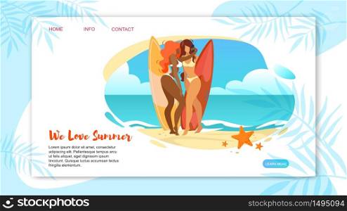 We Love Summer Horizontal Banner with Sexy Girls in Bikini Posing and Making Selfie with Surfer Boards Standing at Beach Seaside. Summertime Leisure, Sport, Vacation Cartoon Flat Vector Illustration.. We Love Summer Horizontal Banner with Sexy Girls