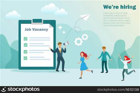 We re hiring and job recruitment concept. Man holding megaphone announce for job vacancy position with man and woman feeling happy when hiring. Vector .
