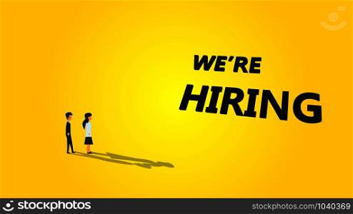 We&rsquo;re hiring business vector illustration background. Job career recruitment concept banner work. Text message wanted now team. Opportunity human company vanacy hr candidate join. Promotion poster
