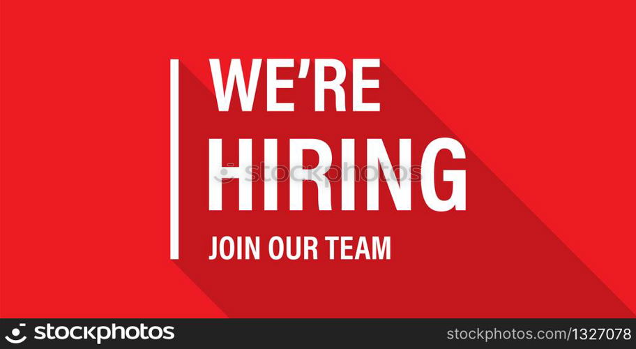 We&rsquo;re hiring red vector banner. Employee vacancy announcement. Illustration isolated. Business recruiting concept. EPS 10