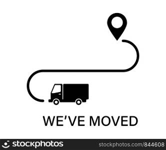 We' ve moved icon with poinre road and truck. New place banner isolated. Sign of new location. EPS 10. We' ve moved icon with poinre road and truck. New place banner isolated. Sign of new location.