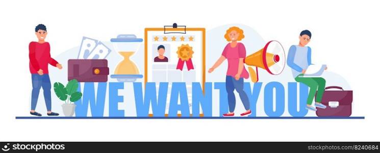 We want you, recruitment concept, great gob vector illustration. Startup, gob interview online concept with tiny people, big letters. Coins, money, resume are shown.. We want you, recruitment concept, great gob vector illustration. Startup, gob interview online concept with tiny people, big letters.