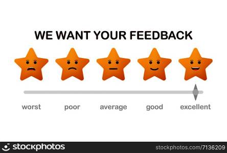 We want your feedback. Badge, stamp with happy and unhappy faces icons. Flat vector illustration on white background.. We want your feedback. Badge, stamp with happy and unhappy faces icons. Flat vector illustration on white background
