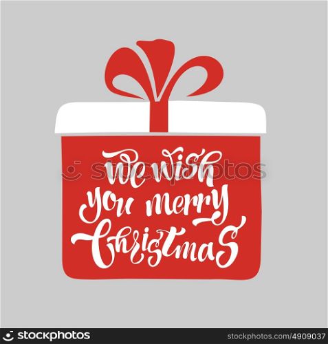 We wish a merry Christmas. Merry Christmas Lettering Design. Vector illustration. The inscription on the box with the gift.