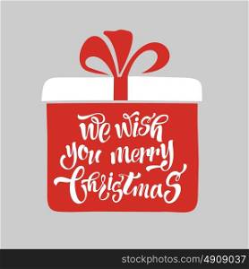 We wish a merry Christmas. Merry Christmas Lettering Design. Vector illustration. The inscription on the box with the gift.