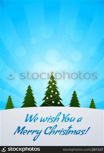 We Wish You a Merry Christmas Greeting Card Decorated Christmas tree. We Wish You a Merry Christmas Greeting Card
